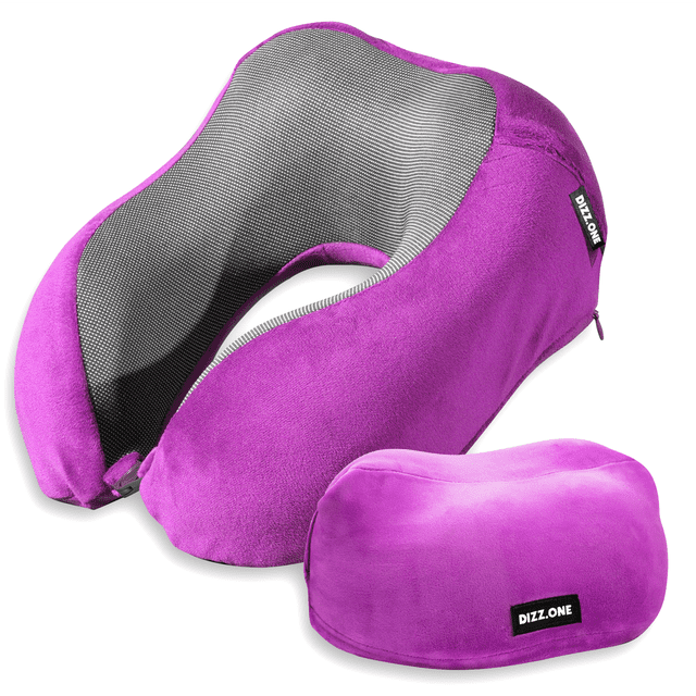 TRAVEL PILLOW PURP Dizz One memory foam ergonomic neck pillow in violet. Centered, front-facing view of the contoured U-shape folded compact with an integrated pocket and visible fold strap; velvety memory-foam cover texture and seam lines apparent, designed for travel neck support and compact storage and often used as lumbar support on long drives.