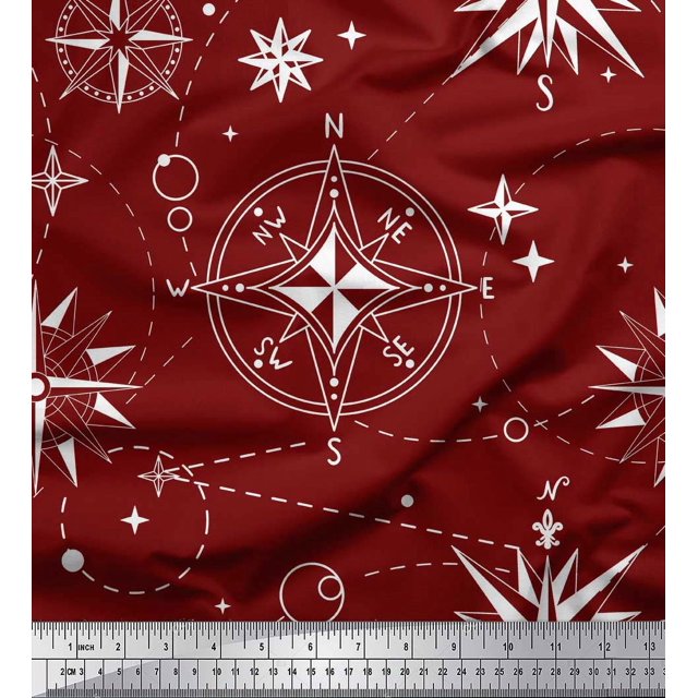 Soimoi Red Velvet Fabric Direction Compass Nautical Print Sewing Fabric Yard 58 Inch Wide