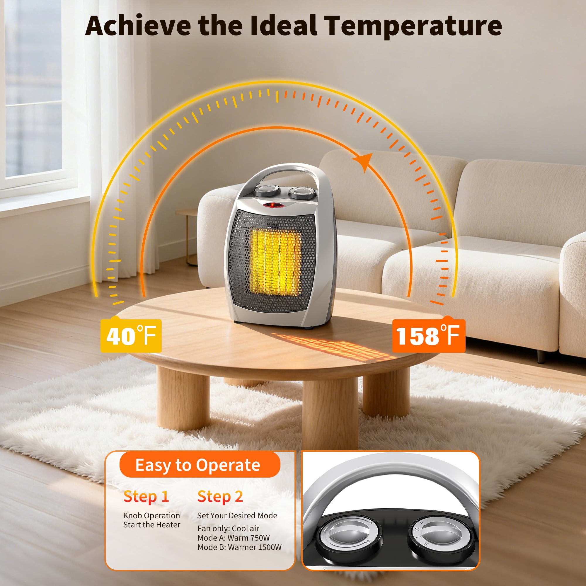 Portable Space Heater – Electric Ceramic Fan with 1500W/750W Fast Heating – Adjustable Thermostat, Quiet Operation – ETL Listed Safety – Warms Up to 200 Sq Ft – Silver, With Handle