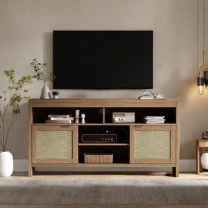 58" Rattan TV Stand for TVs up to 65", Rustic Brown Boho Entertainment Center with Adjustable Shelves & Storage, Wooden Media Console Cabinet for Living Room, Bedroom, Farmhouse