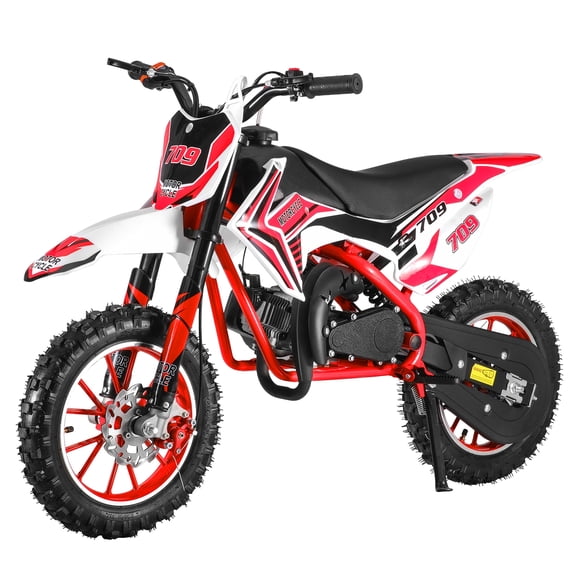 Moto Tout-Terrain pour Enfants 49cc 2 Temps, Motocross à Essence, Mini Moto hors Route, Pocket Bike avec Freins à Disque avant Arrière, Vitesse Maximale de Course 30 Km/h (Rouge)