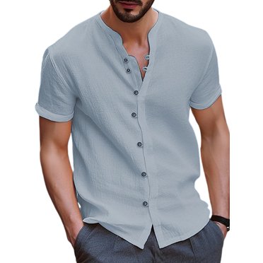 UKAP Mens T Shirt Stand Collar Tops Short Sleeve Shirts Solid Color Vacation Tee Grey 2XL