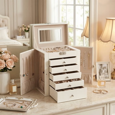 SONGMICS HOME 6 Tier Jewelry Box, Jewelry Case with 5 Drawers, Large Storage Capacity, with Mirror, Lockable, Jewelry Storage Organizer, Gift for Loved Ones, For Watches, White
