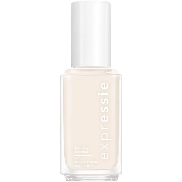 essie expressie quick-dry nail polish in Daily Grind, a cream-finish eggshell white shade in a clear rectangular glass bottle with a white cap and patented angled brush, 10 ml size suitable for fast application and drying in about a minute