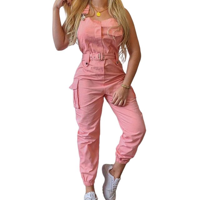 Innerwin Jumpsuits Sleeveless Women Long Pants Summer With Pockets Solid Color Romper Pink 4XL