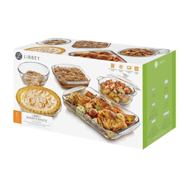Libbey Glass Bakeware set/6 with a 9.6" x 13.8" oblong dish, 8.4" x 8.3" square dish, 2 qt casserole with glass lid, 10" deep pie plate, and 2.1 qt mixing bowl, all clear glass bakeware safe for oven, microwave, freezer, and dishwasher, suitable for baking and food prep.