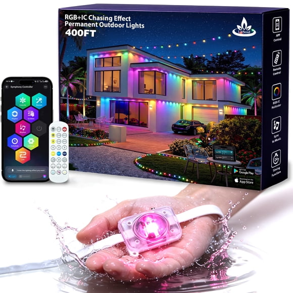 Permanent Outdoor String Lights 400FT RGB+IC,IP67 Waterproof Eaves Lights with App & Remote, Music Sync, 5000+ Scenes, MyDIY Timer, Easy Install for Patio, Roof, Garden, Deck, Fence Holiday Decor