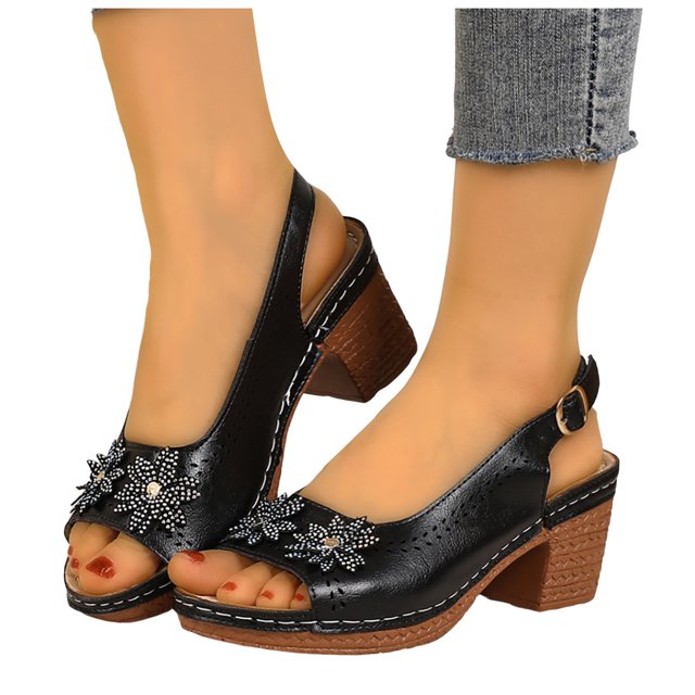 Ladies Rhinestones Flower Dress Slingback Sandals for Women 2025 Summer Leather Peep Toe Chunky High Heels