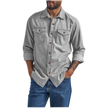 Men's Long Sleeve Button Down Shirts Vintage Casual Chambray Cargo Shirts Outdoor Hiking Fishing Tops with Pockets