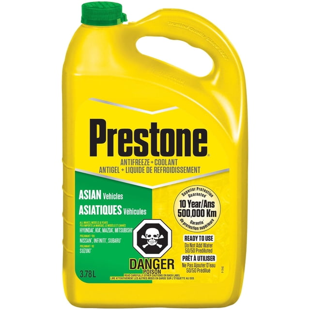 Prestone Max Antifreeze + Coolant RTU Green 3.78L yellow container with green cap, formulated for Asian vehicles including Hyundai, Kia, Mazda, Nissan, Infiniti, Subaru, Mitsubishi, and Suzuki. Provides 10-year or 500,000 km corrosion protection with ready-to-use 50/50 prediluted formula for efficient cooling system performance.