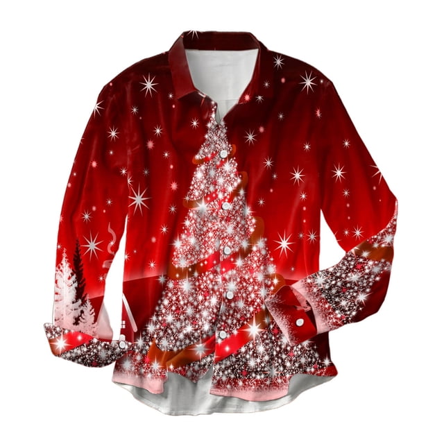 Kcodviy Male Autumn and Winter Large Mesh Christmas Theme Long Sleeve Mens Button Down Shirt Lapel All Print Shirt with Button Printed Breasted Shirt
