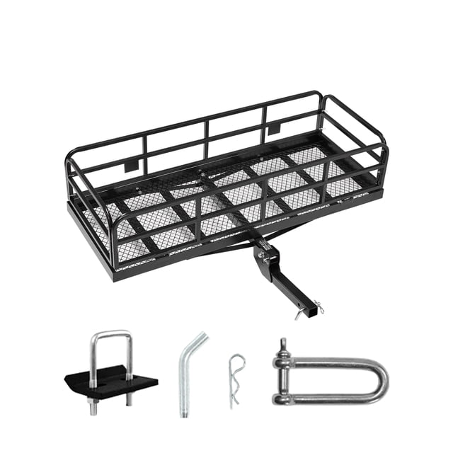 VEVOR Transporteur de Fret pour Attelage de 500 Lb, Transporteur de Fret Pliant pour Récepteur de 2 Pouces. un Transporteur de Fret en Acier Noir Robuste avec une base en Treillis et des rails Latéraux Surélevés, Conçu pour les Récepteurs d'Attelage de 2 Pouces. le Transporteur Mesure 60 x 24 x 14 Pouces et Supporte jusqu'à 500 Lb. Il Présente une Conception Pliable pour un Rangement compact, des Stabilisateurs Anti-Bruit pour Réduire le Bruit, et un Bras de Soutien Suré