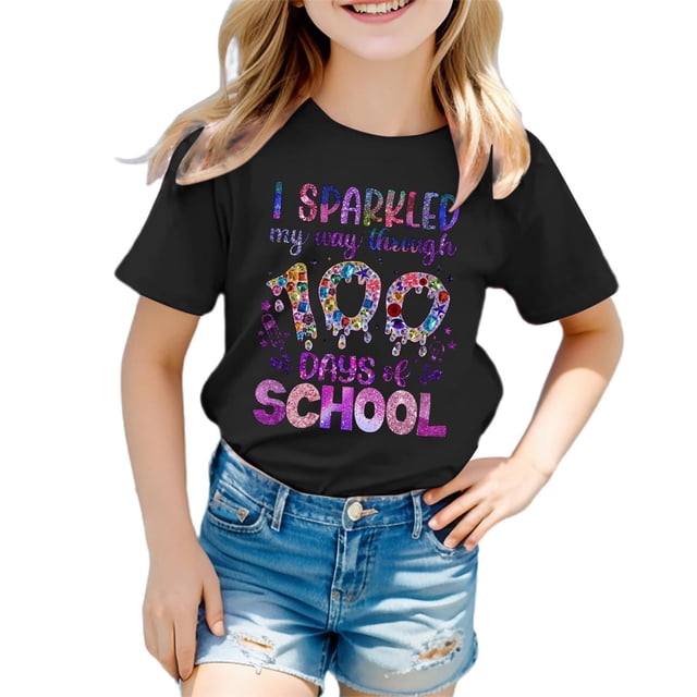 LUOGENLI T-Shirt pour Filles Enfants Mode Décontractée Imprimé Col Rond Ample Manches Courtes T-Shirt Haut Maxi Hauts Ensembles Filles Tenue 2 Pcs Floral Noir 8-9 Ans