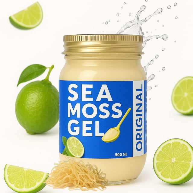Original Sea Moss Gel – No Prep Needed, Ready to Eat, in a 500ml jar with a bold blue label featuring a spoon graphic. Surrounded by fresh lime slices, whole limes, and wildcrafted sea moss strands, this vegan, gluten-free superfood is ideal for daily health and wellness. Splashing water adds vibrancy, emphasizing its fresh and versatile nature as a snack or ingredient.