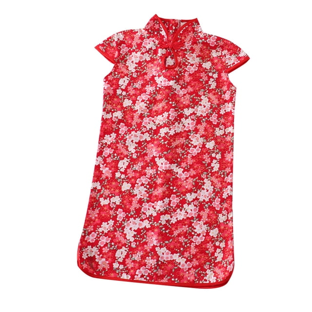 LUOGENLI Robe Été Filles Qipao Cheongsam Enfant Robe Enfants Jupe Tang Ensemble Jupe Maxi Fluide Rouge 10-11 Ans
