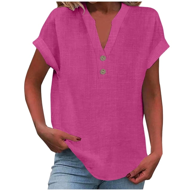 Timegard Cotton Linen Tops for Women V-Neck Button Short Sleeve Solid Color Dressy Casual Loose Tops