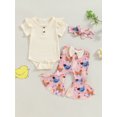 thumbnail image 2 of EYIIYE Toddler Baby Girl 3Pcs Summer Outfits 0 3M 6M 12M 18M Infant Short Sleeve Jumpsuits Ribbed Ruffled Rompers with FloralChick Flare Pants Headbals Fashion Cute Casual Clothes for Daily, 2 of 9