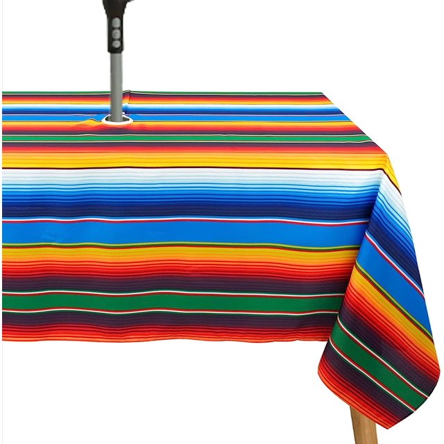 Waterproof Outdoor Tablecloth with Umbrella Hole for Rectangle Table 60x84inch Mexican Stripes Patio Table Cloth with Zipper