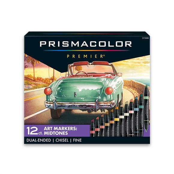 Prismacolor Premier Marqueurs d'Art à Double Extrémité, Pointe Biseautée et Pointe Fine, Couleurs de Tons Moyens, Lot de 12