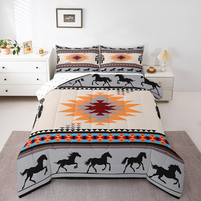 Erosebridal Grey Aztec Bedding Twin Comforter Set,Boho Horse Down Comforter,Geometric Triangle Decor,Reversible,Lightweight,2pcs
