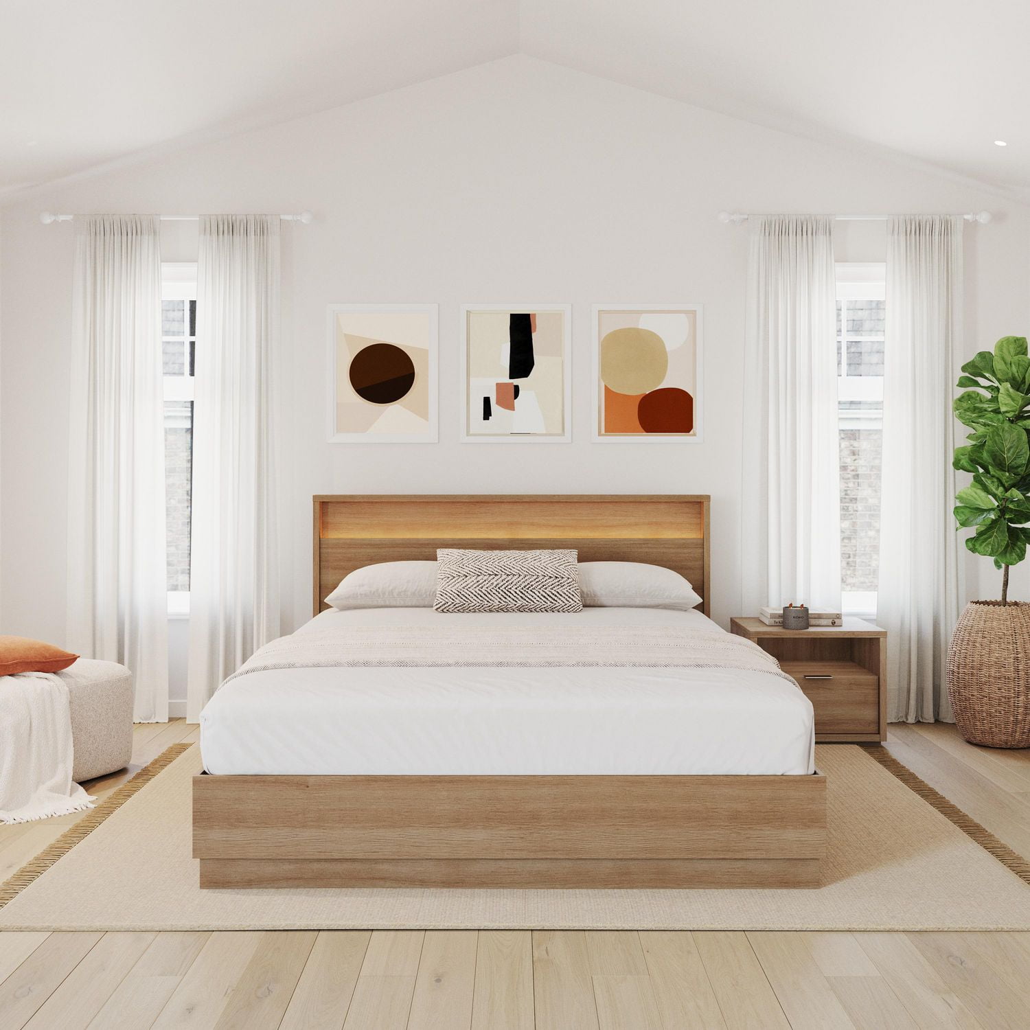 Ensemble de chambre à coucher Harlow 3 pièces avec sommier à lattes, tête de lit avec éclairage intégré et table de chevet