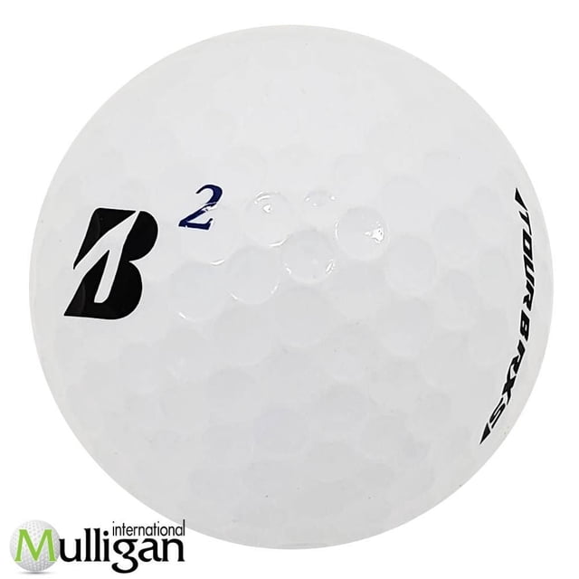 Mulligan - 12 Bridgestone Tour B RXS (B) 4A Recycled Used Golf Balls showing a close-up of a white dimpled golf ball with a black Bridgestone 'B' logo, blue number 2, and 'TOUR B RXS1' text, sorted to preserve original condition, offering excellent tee-to-green distance and short game control, also suitable for practice sessions.