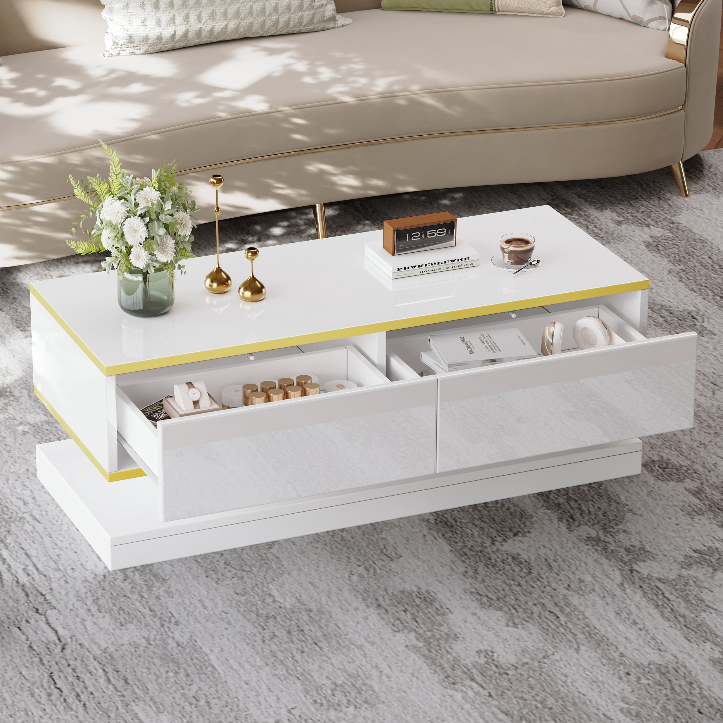 Table basse Noble House 100 cm, fini lustré, bordure dorée, 2 tiroirs, blanche