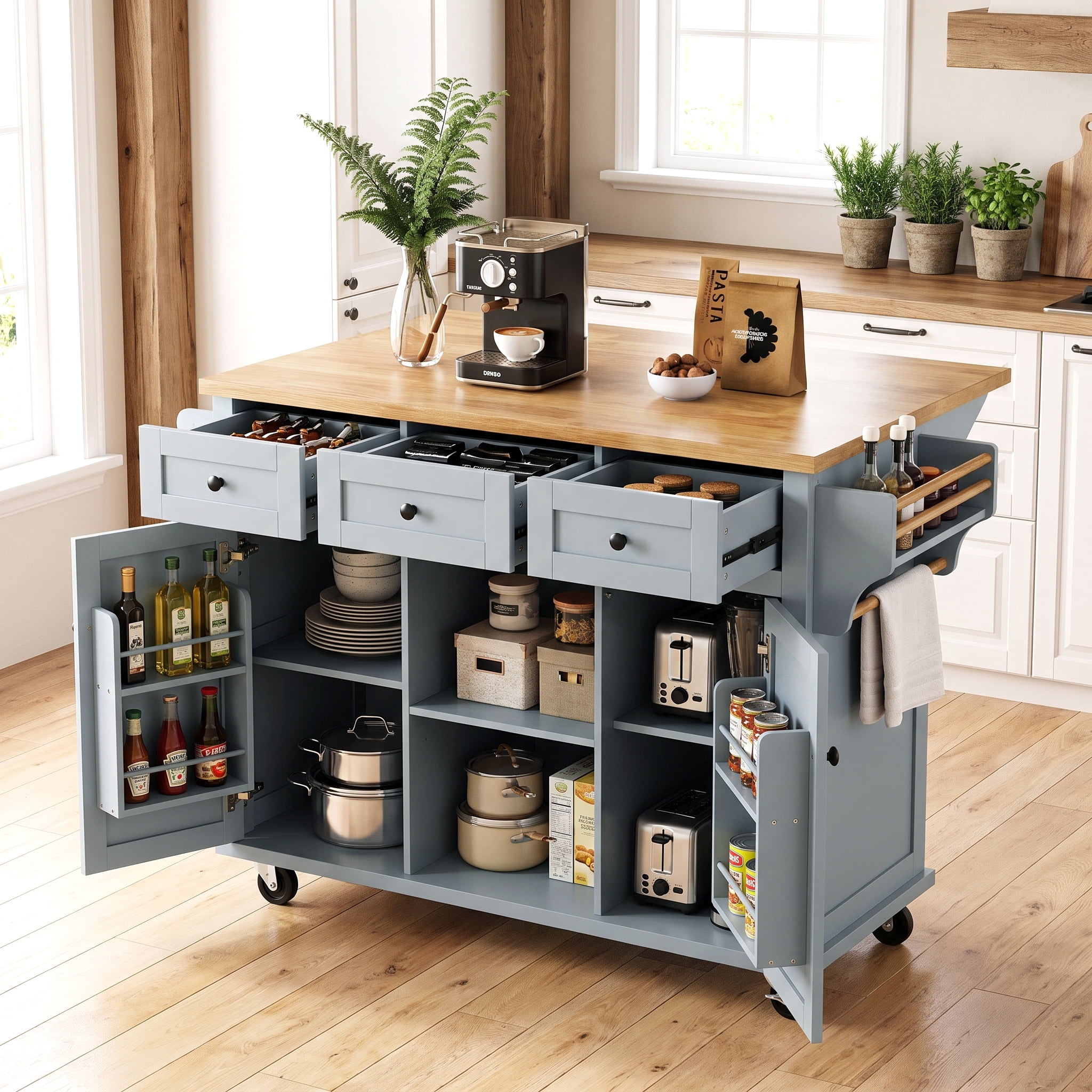Îlot de cuisine Homy Casa, plateau pliable, 3 tiroirs, rangement, bleu