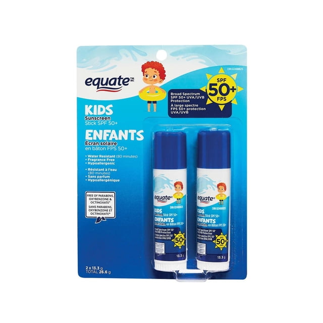 Equate Bâtons de protection Solaire pour Enfants SPF 50+, Deux Bâtons de protection Solaire à Base de Minéraux avec Capuchons Bleus et Corps Blancs Mettant en Vedette un Enfant de Dessin Animé avec une Bouée de Natation Jaune, Offrant une protection à Grand Spectre contre les UVA/UVB, Résistant à l'Eau pendant 80 minutes, Sans Parfum, Hypoallergénique et Sans Parabènes, oxybenzone et octinoxate, total de 26,6 g, Idéal pour les Activités de Plein Air.