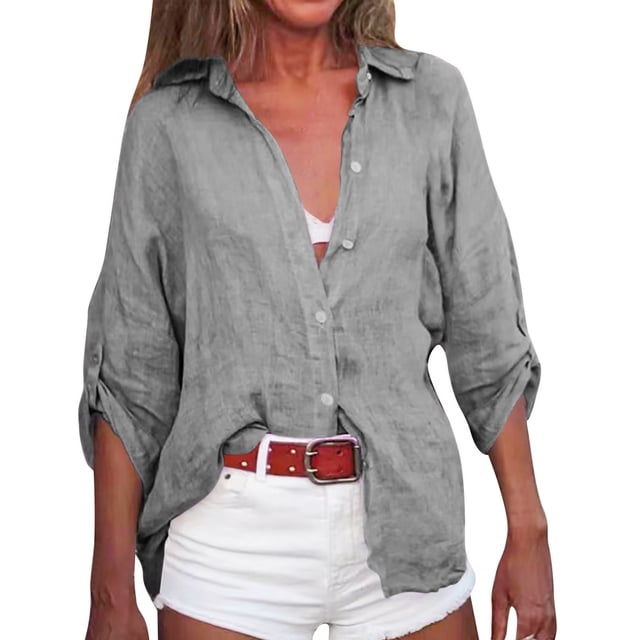Kcodviy Women Spring and Summer Button Down Blouses for Women Simple Solid Color Lapel Rayon Tops for Women Three Quarter Sleeve Buttons Oversized T Shirts for Women Cardigan Cotton and Tops Blouse