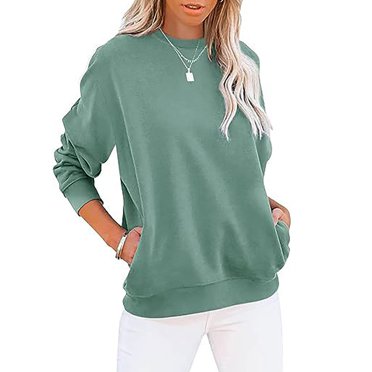 Meichang Womens Crew Neck Sweatshirts Long Sleeve Comzy Pullover Solid Color Basic Sweat Shirts Lightweight Sweatshirt with Pocket