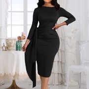 FcBaudy Long Sleeve Round-Neck Knee-High Dress,Womens Dresses,Summer Dresses for Women Women Comfortable Casual Long Sleeve Round-Neck Dress Women Dress
