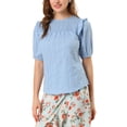 thumbnail image 1 of INSPIRE CHIC Women's Puff Shoulder Round Neck Collarless Ruffle Keyhole Back Blouse, 1 of 5