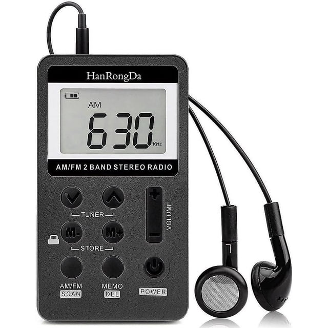 Mini Radio Stéréo Portable Noire avec Récepteur Numérique DSP AM/FM rechargeable à 2 Bandes. Dotée d'Un Écran LCD de 1,5 Po Affichant AM 630 KHz, de Grands Boutons pour une Utilisation Facile, et d'Un design compact Mesurant 84 x 48 x 12 mm. Inclut des Écouteurs et Prend en Charge la Recherche Automatique et Manuelle de station avec Mémoire pour jusqu'à 58 stations. Légère à 100 g, Convient à une Utilisation Extérieure et aux Personnes Âgées.