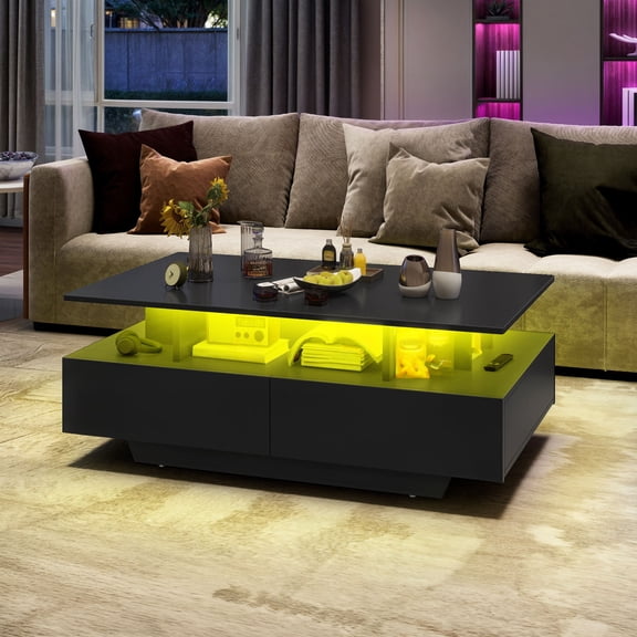 DEXTRUS Table Basse à Fini Noir Lustré avec DEL et 4 Tiroirs Coulissants de Rangement, Table Centrale avec Lumière Réglable, pour Salon