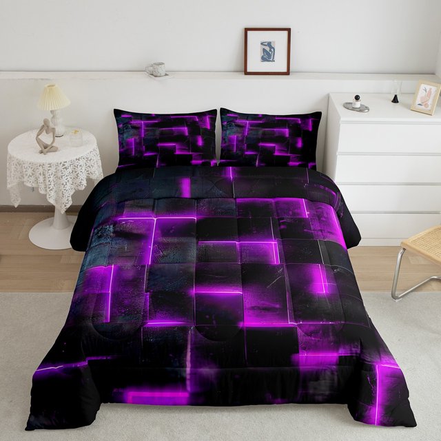 YST Neon Purple and Black Queen Comforter Set for Girls Boys,3D Checkered Geometric Bedding Set,Abstract Square Grid Comforter Set Breathable Soft,Glowing Geometry Quilt Bed Set 3Pcs