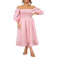 thumbnail image 2 of Femmes Été Robe Bohème Adultes Off-Épaule Smocked Puff Manches Plaid une Seule Pièce, 2 of 7