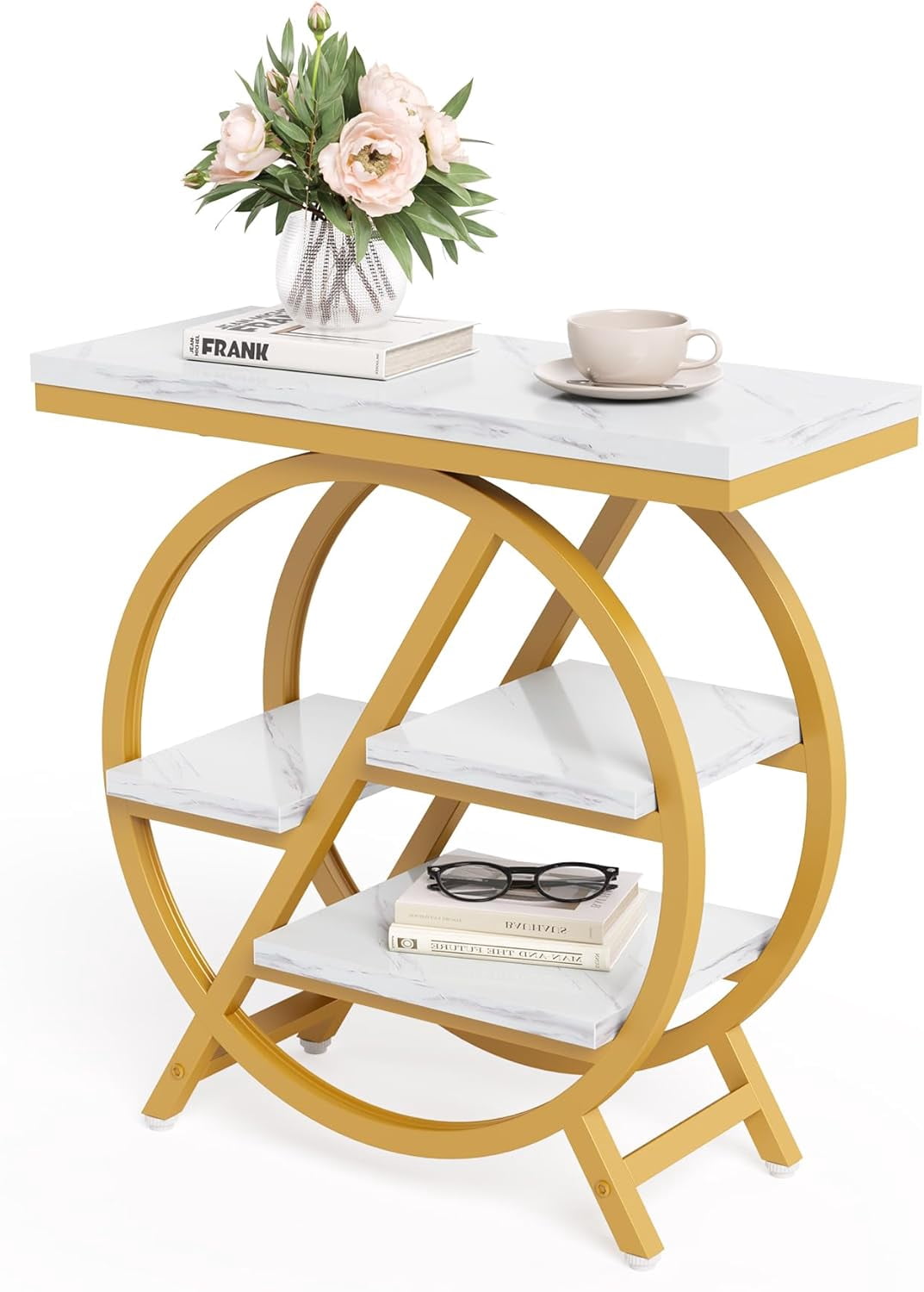 4-Tier Narrow Faux Marble Side Table with Large Storage Space, Modern Nightstand and Bedside Table for Living Room, Home Office, Bedroom, White and Gold