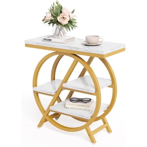 4-Tier Narrow Faux Marble Side Table with Large Storage Space, Modern Nightstand and Bedside Table for Living Room, Home Office, Bedroom, White and Gold