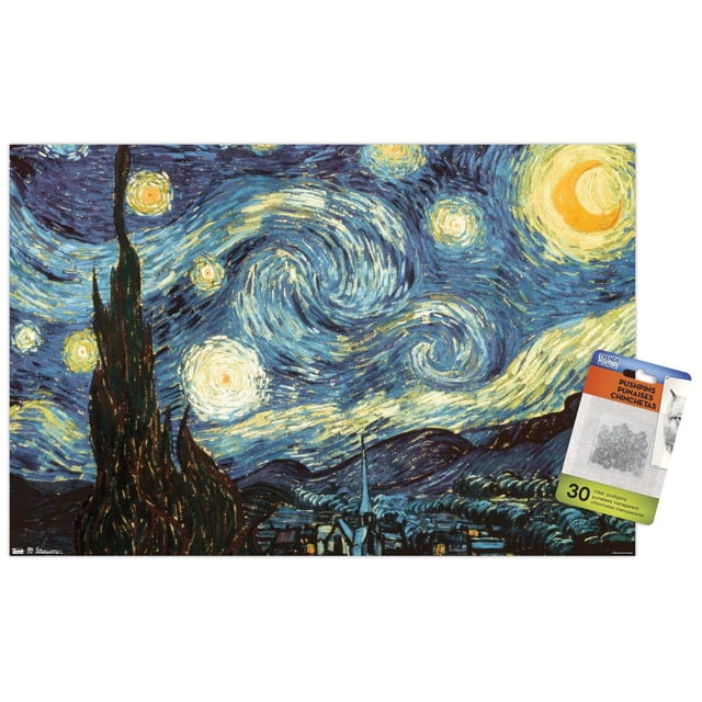 La Nuit Étoilée par Vincent van Gogh Affiche Murale, 22,375 Pouces x 34 Pouces, Représentant un Ciel Nocturne Tourbillonnant Bleu et Jaune avec des Étoiles Brillantes et un Croissant de Lune au-Dessus d'Une silhouette de village Sombre, Imprimée sur Papier Lustré par Trends International, Convient à la Décoration Murale de la Maison Ou du Bureau.