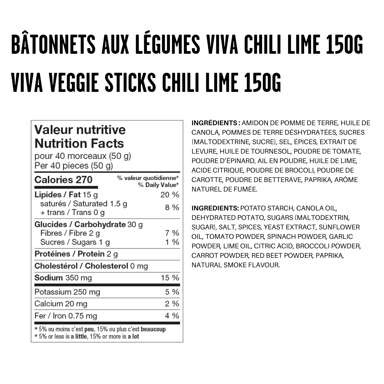 Yum Yum Viva bâtonnets aux légumes chili lime 150g