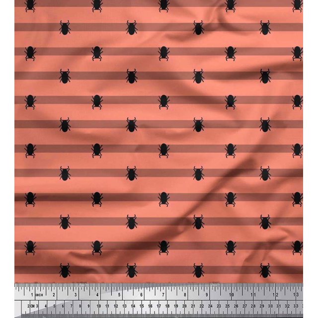 Soimoi Orange Rayon Fabric Stripe & Beetles Insects Print Fabric by the Yard 56 Inch Wide