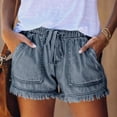 thumbnail image 2 of LLYWEY Womens Jeans Shorts, Ladies Ribbed Distressed Denim Shorts, Drawstring Elastic Waist Women Cut Off Jeans with Pockets, Style ST-22, Dark Blue, M, 2 of 5