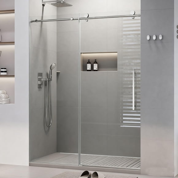 Frameless Sliding Shower Glass Door, 56"-60" Adjustable Width, 5/16" (8mm) Clear Tempered Glass with Waterproof Seal Strip & Stainless Steel Hardware