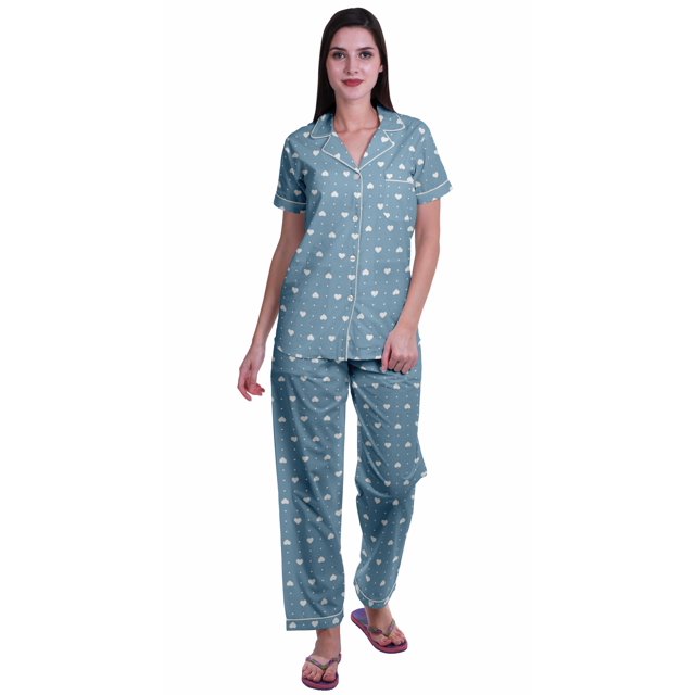 Moomaya Ensemble de Pyjama à Manches Courtes Imprimé pour Femmes Chemise de Nuit Boutonnée Imprimée
