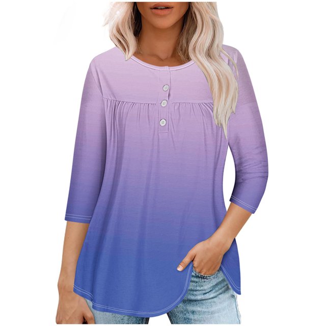 Pisexur Womens Plus Size Sweatshirt Gradients 3/4 Length Sleeve Tops Fall V-Neck Blouses Spring Ruffle Sleeve Tunic T-Shirts Dressy Casual