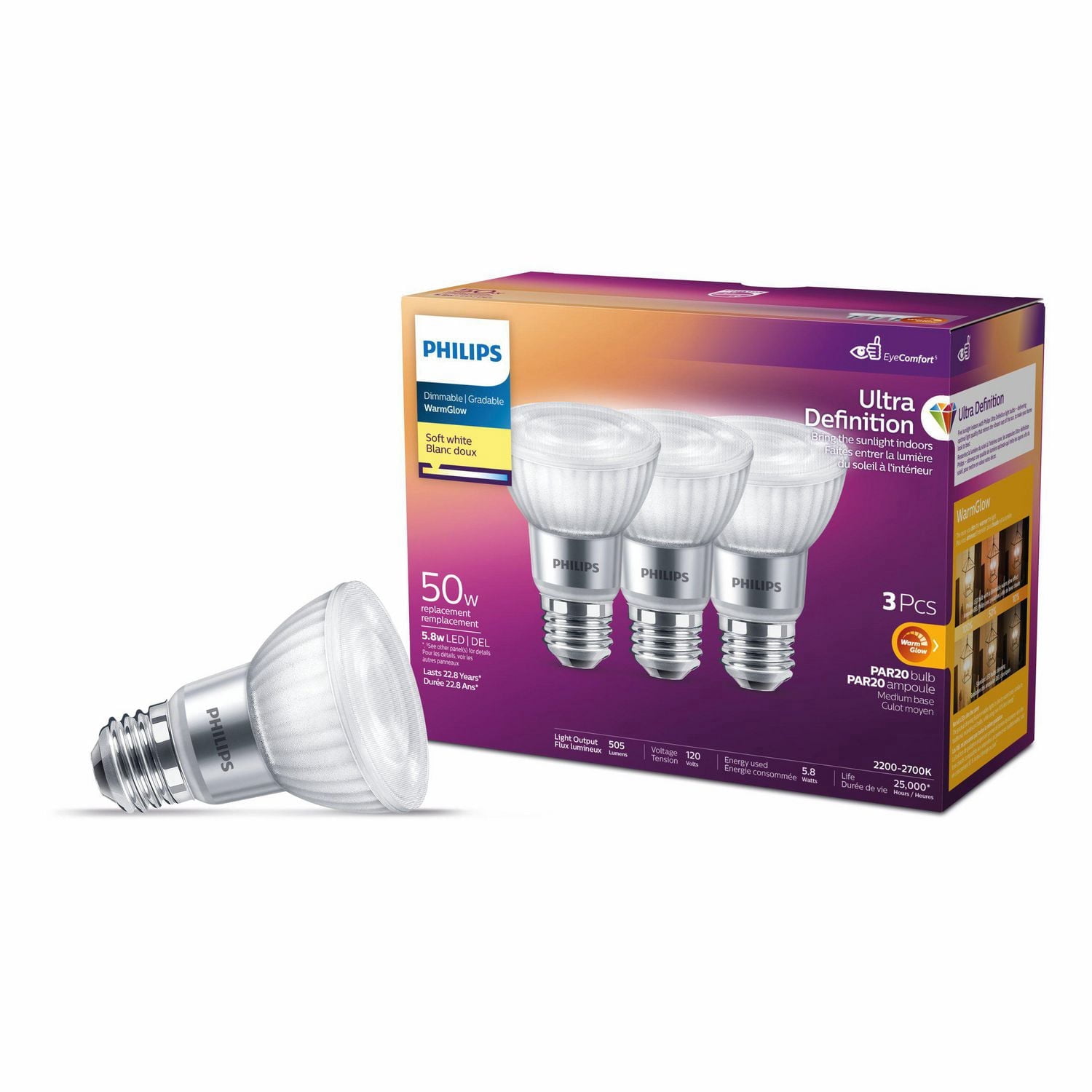 PHILIPS 5.5W 50W PAR20 Medium Base Soft White Warm Glow Ultra High Definition Dimmable LED Light Bulbs - 3 Pack