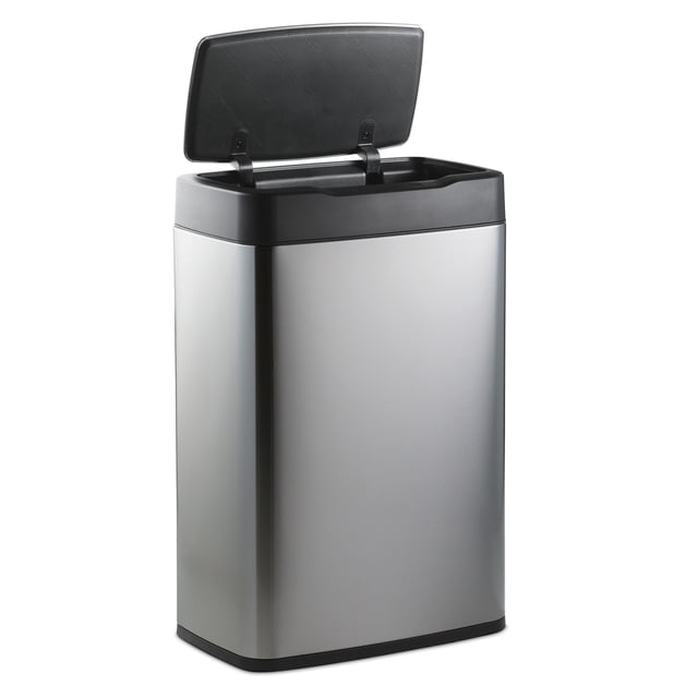 Tramontina Large Stainless Steel Sensor Trash Bin, 13.2 Gal front-facing view of a cylindrical, fingerprint-resistant stainless steel bin with motion-activated sensor lid and manual touch buttons; removable inner liner shown at slight tilt, built-in rear carry handle and battery compartment visible; cordless, suitable for kitchens or home offices and often used as a dedicated recycling station.