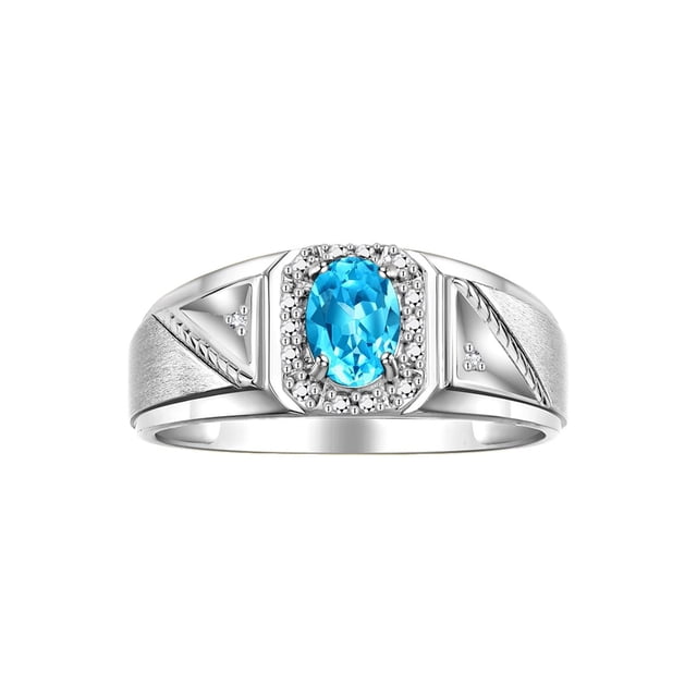 RYLOS Men's Rings 14K White Gold Classic 7X5MM Oval Gemstone & Diamond Ring Blue Topaz December Birthstone Rings For Men Size 9
