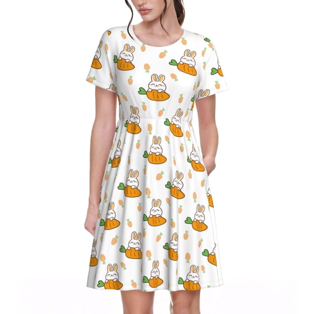 Bixox Robe d'Été à Manches Courtes pour Femme, Coupe Ample Évasée, Longueur Genou, avec Poches - Lapin et Carotte